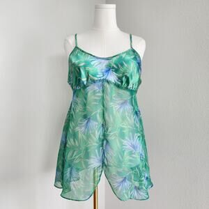 Y2K Secret Treasures Tropical Print Sheer Babydoll Lingerie Top Split Front L